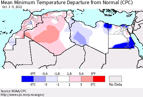 North Africa Mean Minimum Temperature Departure from Normal (CPC) Thematic Map For 10/3/2022 - 10/9/2022