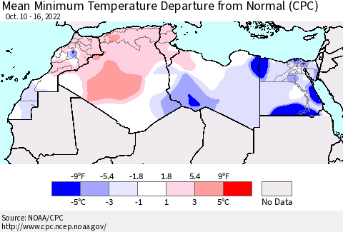 North Africa Mean Minimum Temperature Departure from Normal (CPC) Thematic Map For 10/10/2022 - 10/16/2022