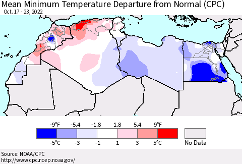 North Africa Mean Minimum Temperature Departure from Normal (CPC) Thematic Map For 10/17/2022 - 10/23/2022