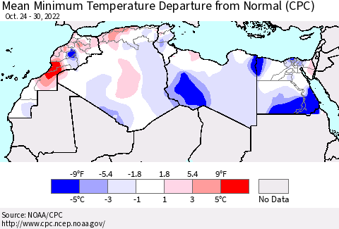 North Africa Mean Minimum Temperature Departure from Normal (CPC) Thematic Map For 10/24/2022 - 10/30/2022