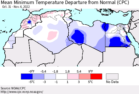 North Africa Mean Minimum Temperature Departure from Normal (CPC) Thematic Map For 10/31/2022 - 11/6/2022
