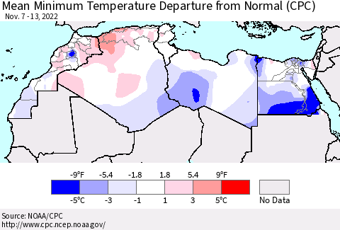 North Africa Mean Minimum Temperature Departure from Normal (CPC) Thematic Map For 11/7/2022 - 11/13/2022