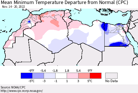 North Africa Mean Minimum Temperature Departure from Normal (CPC) Thematic Map For 11/14/2022 - 11/20/2022