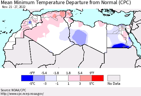 North Africa Mean Minimum Temperature Departure from Normal (CPC) Thematic Map For 11/21/2022 - 11/27/2022