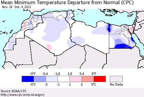 North Africa Mean Minimum Temperature Departure from Normal (CPC) Thematic Map For 11/28/2022 - 12/4/2022