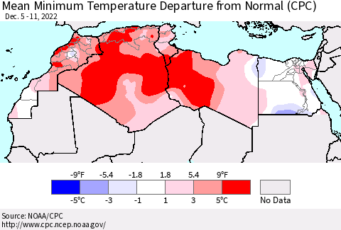 North Africa Mean Minimum Temperature Departure from Normal (CPC) Thematic Map For 12/5/2022 - 12/11/2022