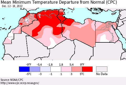 North Africa Mean Minimum Temperature Departure from Normal (CPC) Thematic Map For 12/12/2022 - 12/18/2022