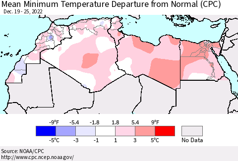 North Africa Mean Minimum Temperature Departure from Normal (CPC) Thematic Map For 12/19/2022 - 12/25/2022