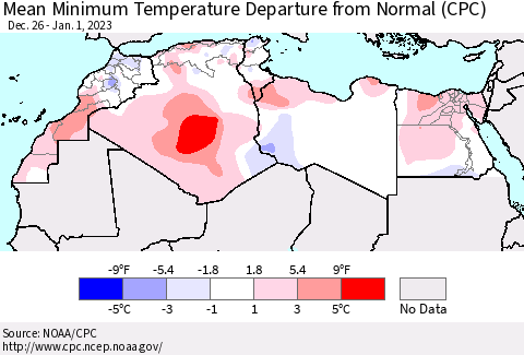 North Africa Mean Minimum Temperature Departure from Normal (CPC) Thematic Map For 12/26/2022 - 1/1/2023