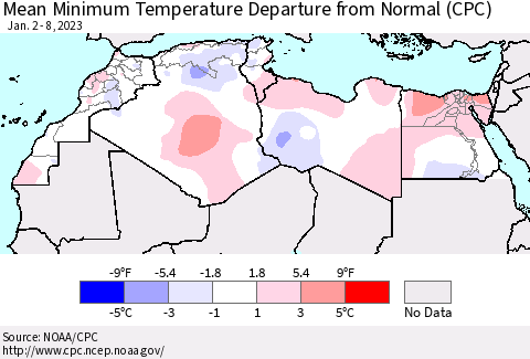 North Africa Mean Minimum Temperature Departure from Normal (CPC) Thematic Map For 1/2/2023 - 1/8/2023