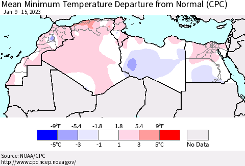 North Africa Mean Minimum Temperature Departure from Normal (CPC) Thematic Map For 1/9/2023 - 1/15/2023