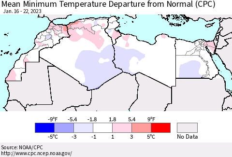 North Africa Mean Minimum Temperature Departure from Normal (CPC) Thematic Map For 1/16/2023 - 1/22/2023