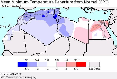 North Africa Mean Minimum Temperature Departure from Normal (CPC) Thematic Map For 1/23/2023 - 1/29/2023