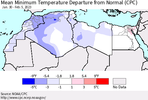 North Africa Mean Minimum Temperature Departure from Normal (CPC) Thematic Map For 1/30/2023 - 2/5/2023