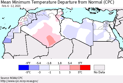 North Africa Mean Minimum Temperature Departure from Normal (CPC) Thematic Map For 2/6/2023 - 2/12/2023
