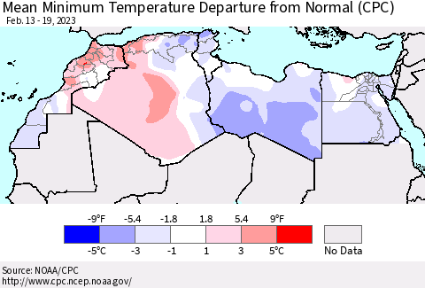 North Africa Mean Minimum Temperature Departure from Normal (CPC) Thematic Map For 2/13/2023 - 2/19/2023