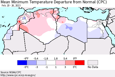 North Africa Mean Minimum Temperature Departure from Normal (CPC) Thematic Map For 2/20/2023 - 2/26/2023