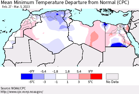 North Africa Mean Minimum Temperature Departure from Normal (CPC) Thematic Map For 2/27/2023 - 3/5/2023