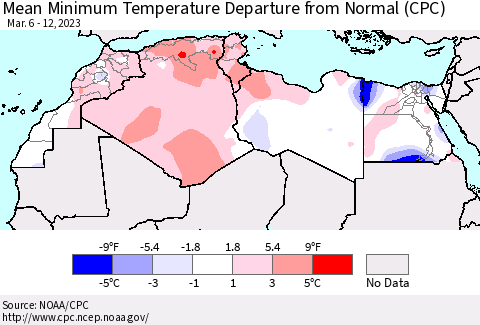 North Africa Mean Minimum Temperature Departure from Normal (CPC) Thematic Map For 3/6/2023 - 3/12/2023