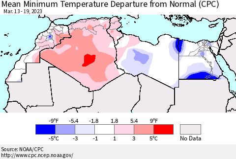North Africa Mean Minimum Temperature Departure from Normal (CPC) Thematic Map For 3/13/2023 - 3/19/2023