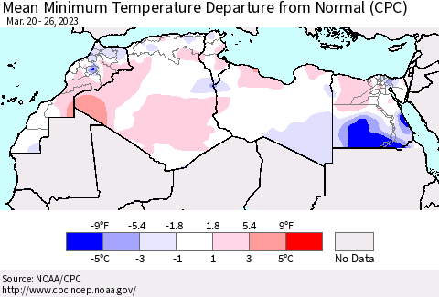 North Africa Mean Minimum Temperature Departure from Normal (CPC) Thematic Map For 3/20/2023 - 3/26/2023