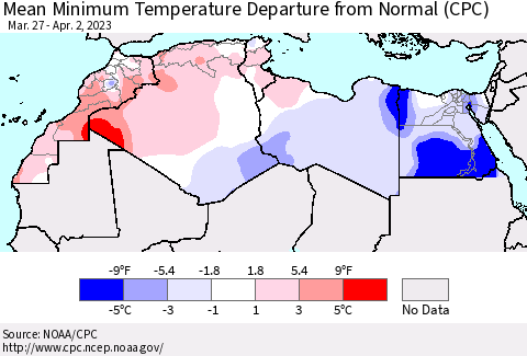 North Africa Mean Minimum Temperature Departure from Normal (CPC) Thematic Map For 3/27/2023 - 4/2/2023