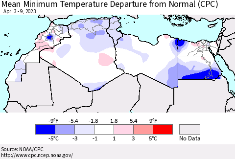 North Africa Mean Minimum Temperature Departure from Normal (CPC) Thematic Map For 4/3/2023 - 4/9/2023