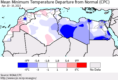 North Africa Mean Minimum Temperature Departure from Normal (CPC) Thematic Map For 4/10/2023 - 4/16/2023