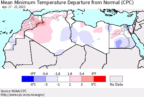 North Africa Mean Minimum Temperature Departure from Normal (CPC) Thematic Map For 4/17/2023 - 4/23/2023