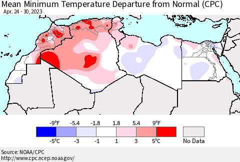 North Africa Mean Minimum Temperature Departure from Normal (CPC) Thematic Map For 4/24/2023 - 4/30/2023