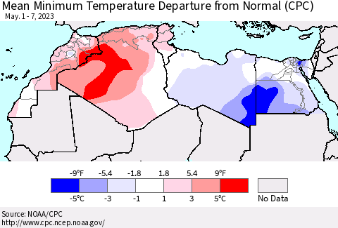 North Africa Mean Minimum Temperature Departure from Normal (CPC) Thematic Map For 5/1/2023 - 5/7/2023