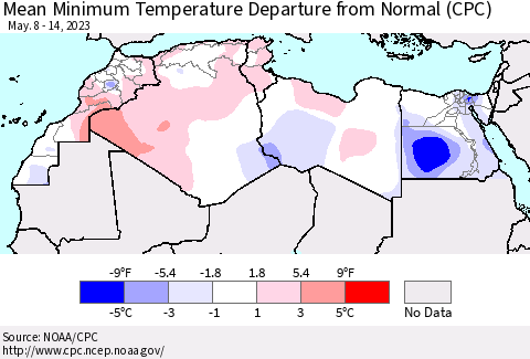 North Africa Mean Minimum Temperature Departure from Normal (CPC) Thematic Map For 5/8/2023 - 5/14/2023
