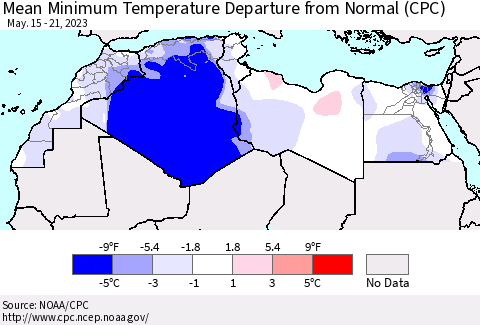 North Africa Mean Minimum Temperature Departure from Normal (CPC) Thematic Map For 5/15/2023 - 5/21/2023