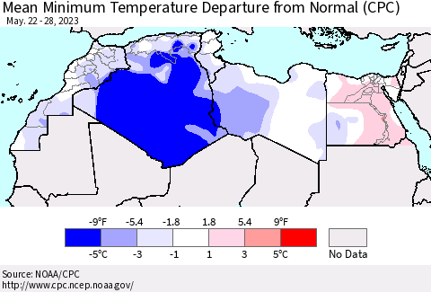 North Africa Mean Minimum Temperature Departure from Normal (CPC) Thematic Map For 5/22/2023 - 5/28/2023