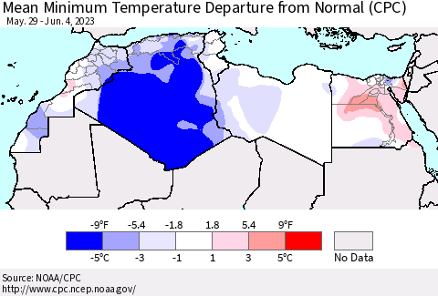 North Africa Mean Minimum Temperature Departure from Normal (CPC) Thematic Map For 5/29/2023 - 6/4/2023
