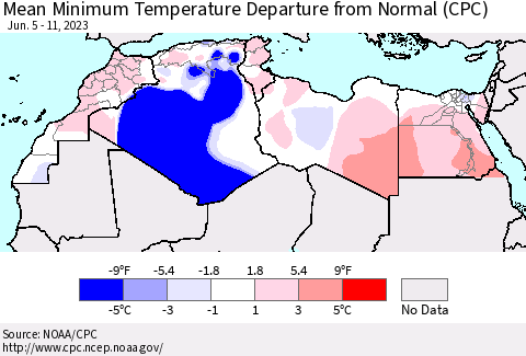 North Africa Mean Minimum Temperature Departure from Normal (CPC) Thematic Map For 6/5/2023 - 6/11/2023