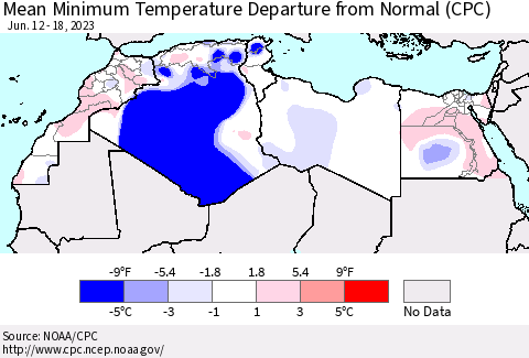 North Africa Mean Minimum Temperature Departure from Normal (CPC) Thematic Map For 6/12/2023 - 6/18/2023