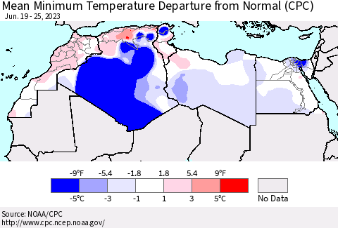 North Africa Mean Minimum Temperature Departure from Normal (CPC) Thematic Map For 6/19/2023 - 6/25/2023