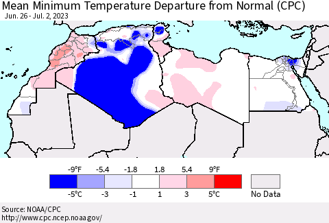 North Africa Mean Minimum Temperature Departure from Normal (CPC) Thematic Map For 6/26/2023 - 7/2/2023