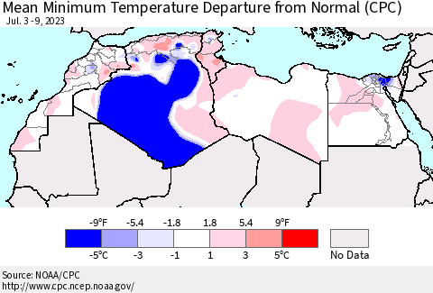 North Africa Mean Minimum Temperature Departure from Normal (CPC) Thematic Map For 7/3/2023 - 7/9/2023