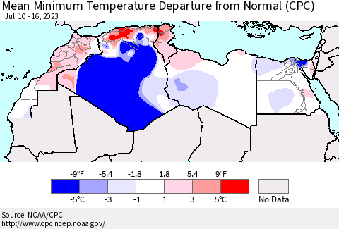North Africa Mean Minimum Temperature Departure from Normal (CPC) Thematic Map For 7/10/2023 - 7/16/2023