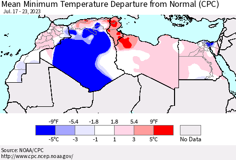 North Africa Mean Minimum Temperature Departure from Normal (CPC) Thematic Map For 7/17/2023 - 7/23/2023