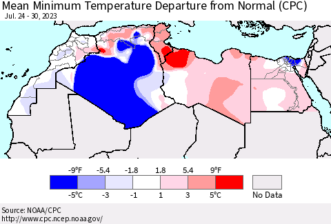 North Africa Mean Minimum Temperature Departure from Normal (CPC) Thematic Map For 7/24/2023 - 7/30/2023