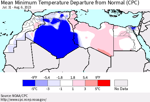 North Africa Mean Minimum Temperature Departure from Normal (CPC) Thematic Map For 7/31/2023 - 8/6/2023