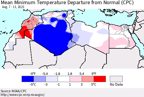 North Africa Mean Minimum Temperature Departure from Normal (CPC) Thematic Map For 8/7/2023 - 8/13/2023