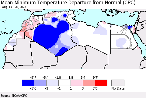 North Africa Mean Minimum Temperature Departure from Normal (CPC) Thematic Map For 8/14/2023 - 8/20/2023