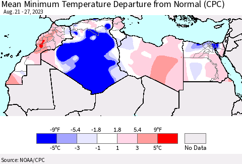 North Africa Mean Minimum Temperature Departure from Normal (CPC) Thematic Map For 8/21/2023 - 8/27/2023