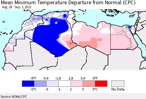 North Africa Mean Minimum Temperature Departure from Normal (CPC) Thematic Map For 8/28/2023 - 9/3/2023