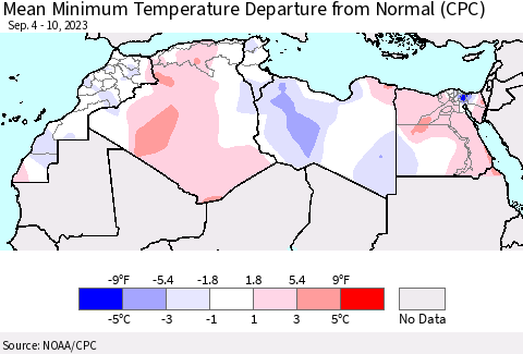 North Africa Mean Minimum Temperature Departure from Normal (CPC) Thematic Map For 9/4/2023 - 9/10/2023