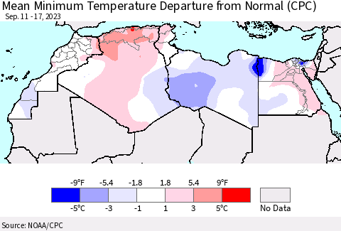 North Africa Mean Minimum Temperature Departure from Normal (CPC) Thematic Map For 9/11/2023 - 9/17/2023